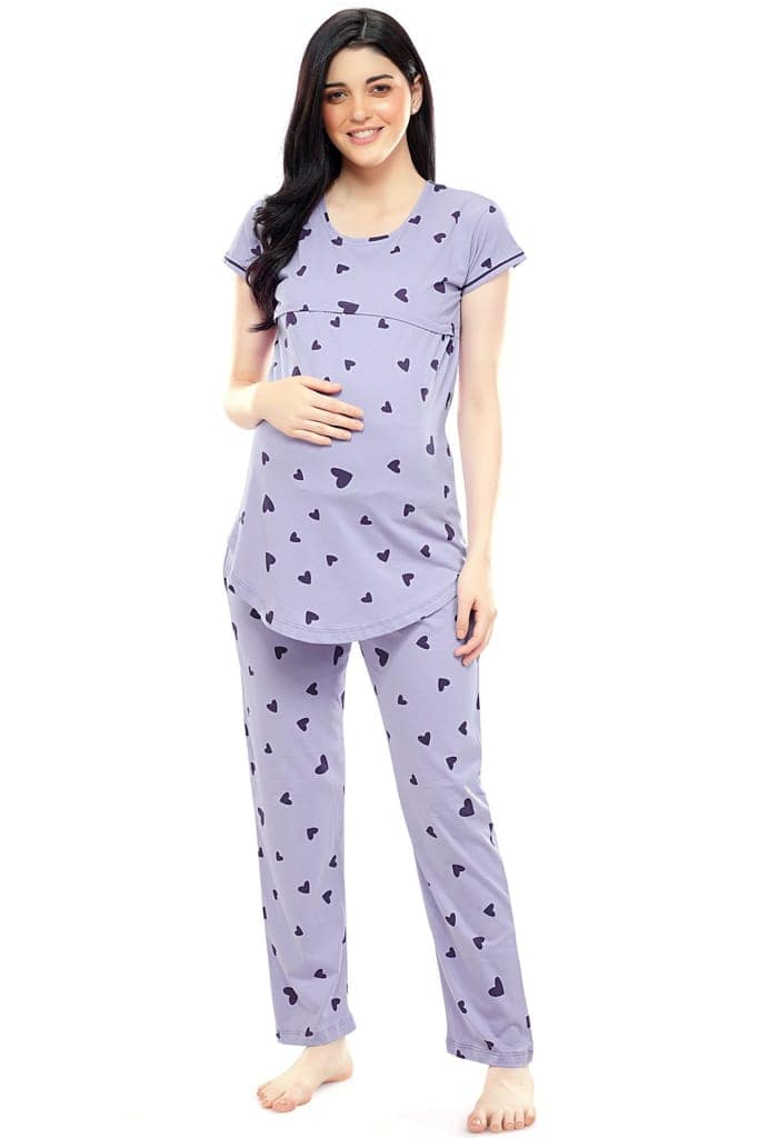 ZEYO Women Cotton Pink Heart Print Maternity & Feeding Night Suit view 5