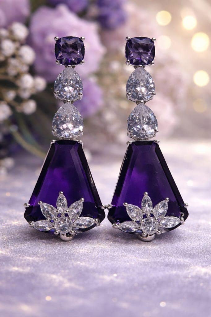 ✨Sliver Plated Violet and White Stone Geomatric Earrings ✨ view 2