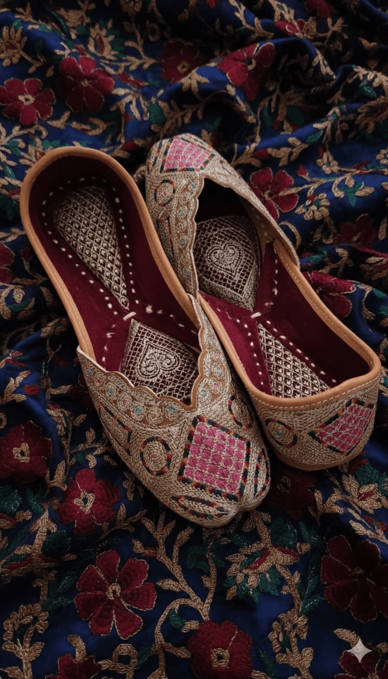 BBJ Handmade Punjabi Jutti for Women | Velvet Base with Zari & Thread Embroidery | Ethnic Footwear
