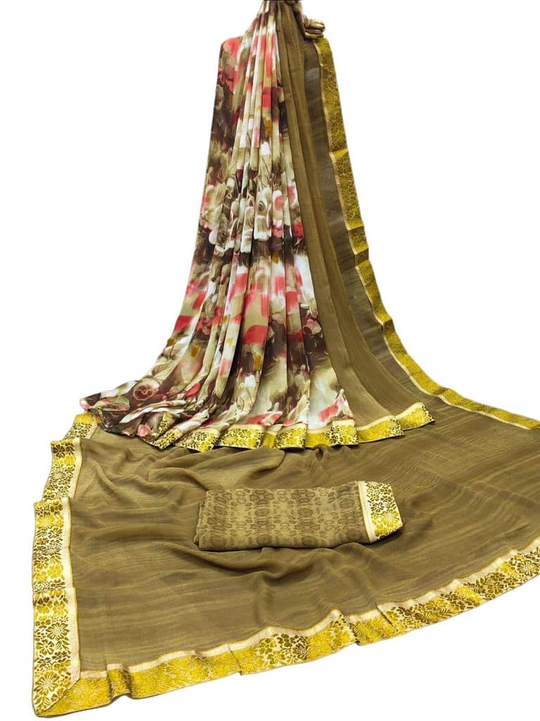 KHUSHBOO DESIGNERS Women's Solid Georgette 5.5 Meter Saree with Unstitched Blouse Piece (L Brown) view 2