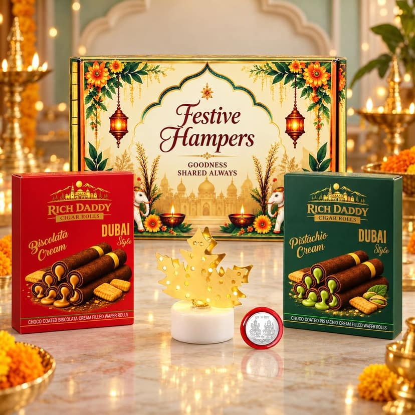 LED Maple Leaf Diya Lamp & Biscolata + Pistachio Wafer Rolls Festive Gift Hamper