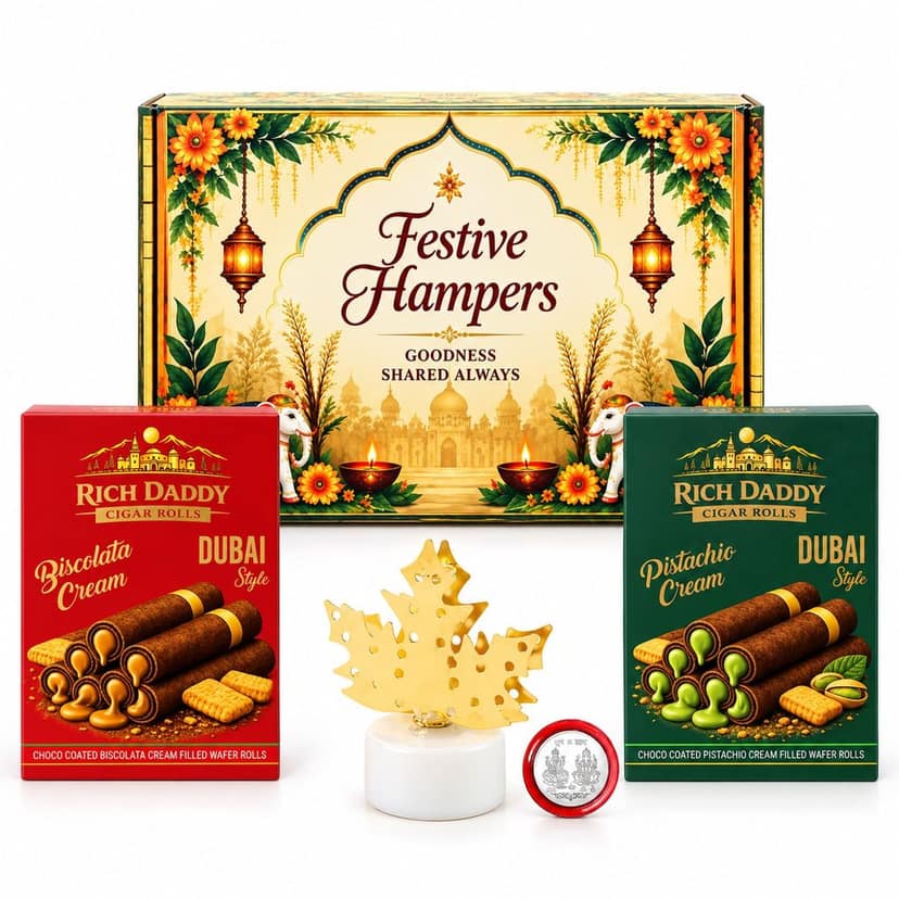 LED Maple Leaf Diya Lamp & Biscolata + Pistachio Wafer Rolls Festive Gift Hamper view 2