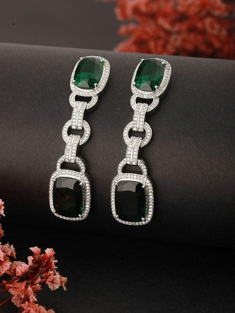 Rhodium Green Zircon Long Dangler Luxe Designer Earrings view 2