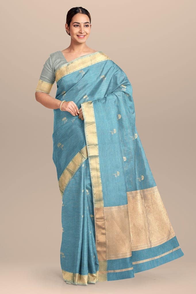 Turquoise Blue Handwoven Maheshwari Silk with Zari Border Saree SKU-BS10050