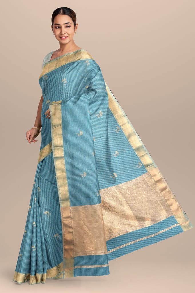Turquoise Blue Handwoven Maheshwari Silk with Zari Border Saree SKU-BS10050 view 2