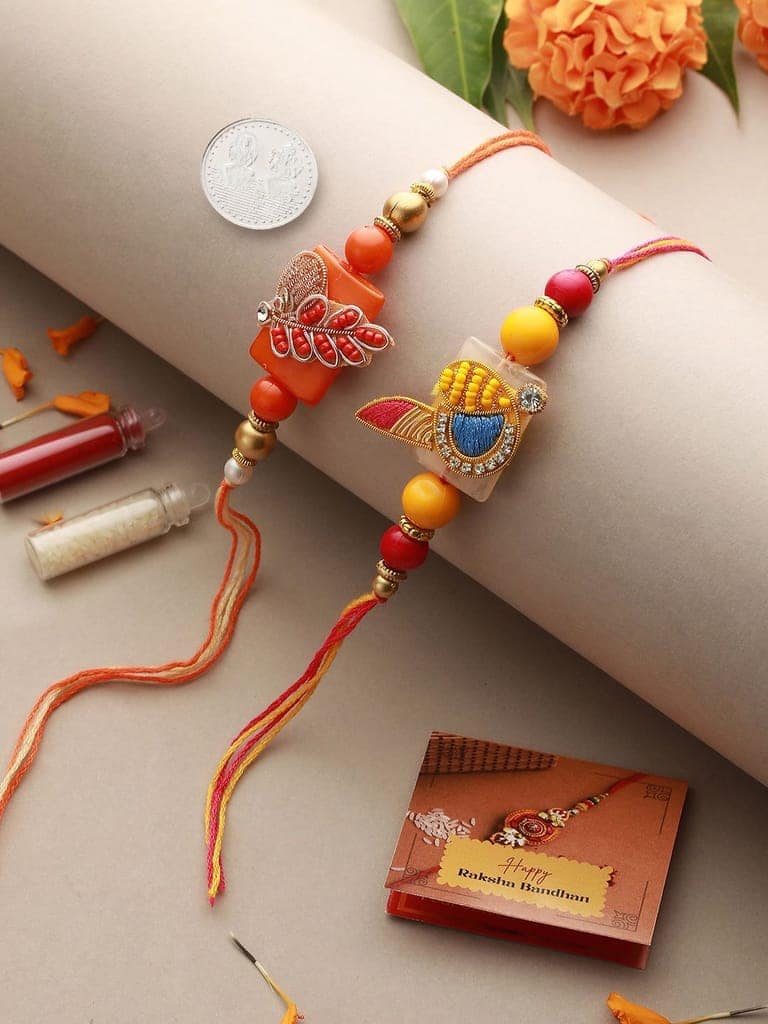 Set Of 2 Pearl Beaded Designer handcrafted Rakhi with 10 gram Laxmi Ganesh round 999 Round Silver Coin