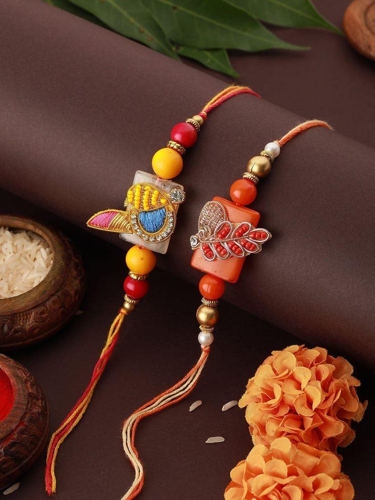 Set Of 2 Pearl Beaded Designer handcrafted Rakhi with 10 gram Laxmi Ganesh round 999 Round Silver Coin view 2