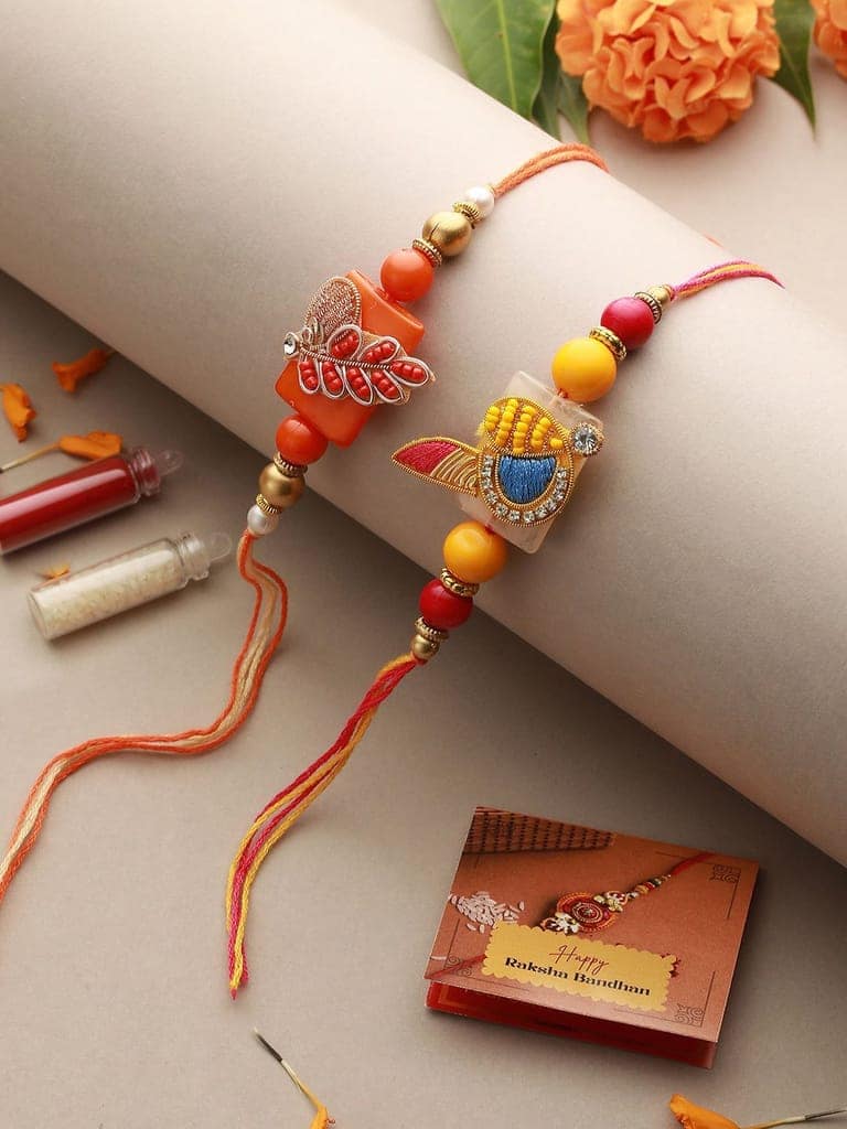 Set Of 2 Pearl Beaded Designer handcrafted Rakhi with 10 gram Laxmi Ganesh round 999 Round Silver Coin view 3