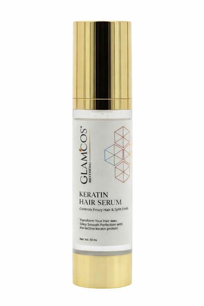Glamcos Professional Keratin Hair Serum | Controls Frizzy Hair & Split Ends | Smooth, Silky & Shiny Finish | Salon Professional Hair Serum for Dry & Damaged Hair – 50ml