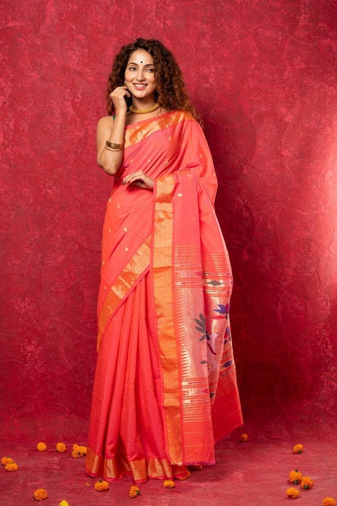 Exclusive! Handloom Pure Cotton Paithani in Most Traditional Pink with Pichwai Pallu view 2