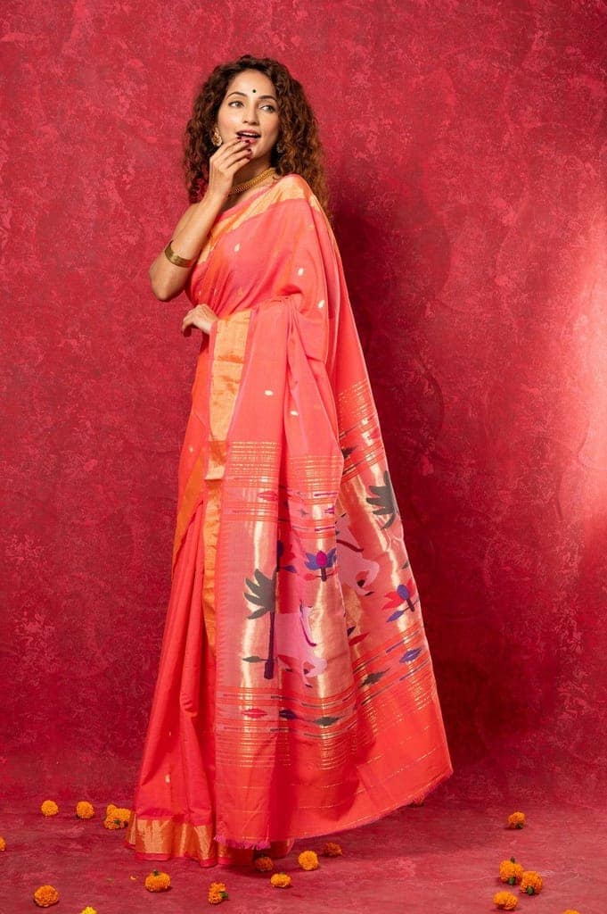 Exclusive! Handloom Pure Cotton Paithani in Most Traditional Pink with Pichwai Pallu view 3