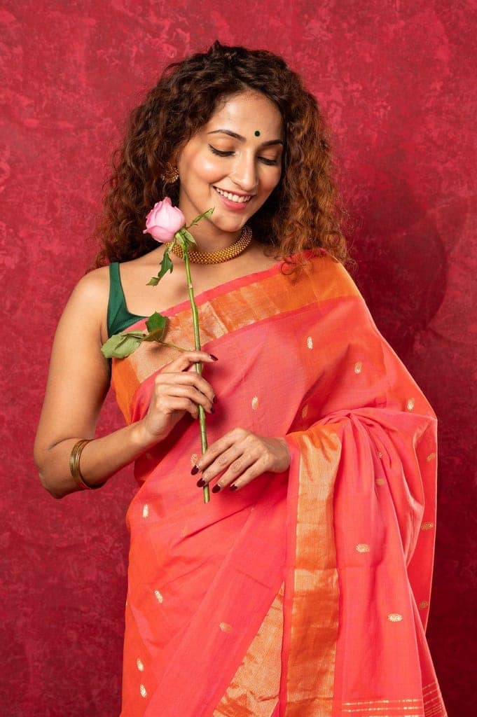 Exclusive! Handloom Pure Cotton Paithani in Most Traditional Pink with Pichwai Pallu view 5