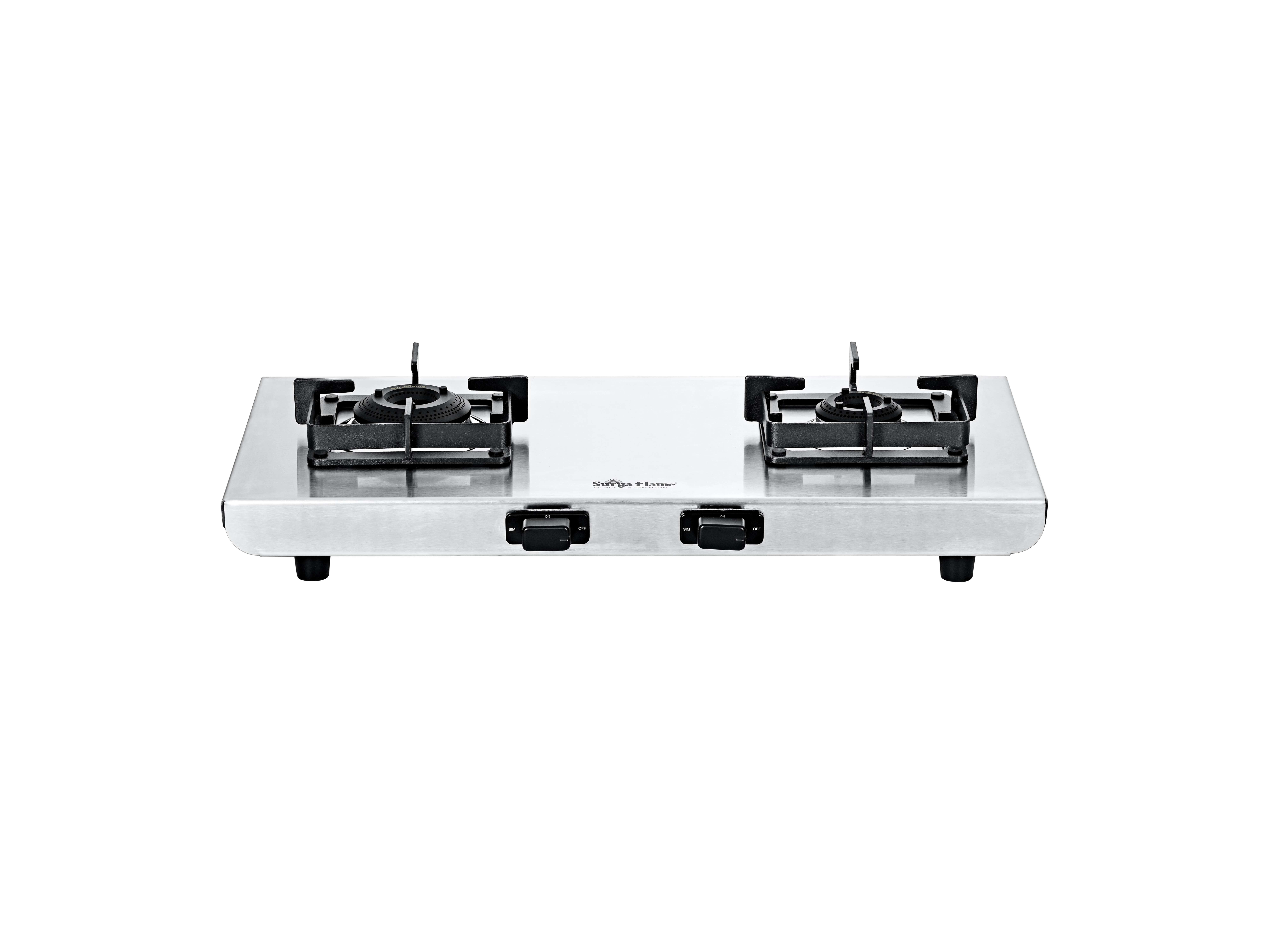 Surya Flame Volt 2-Burner Gas Stove, Heavy 1.2 mm SS Body, 1 Jumbo Coated Brass Burner, Metal Knobs & Dial Plate, 5 Years Warranty, Manual Ignition