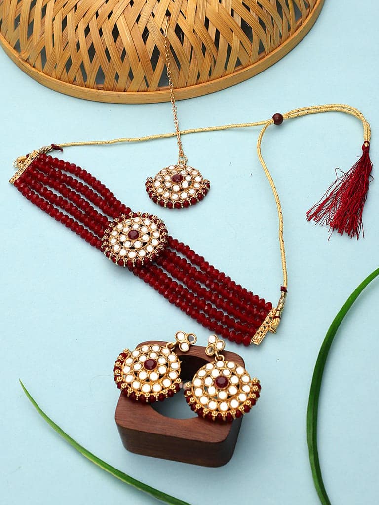 Cardinal Maroon Color Brass Gold Plated Mirror Onyx Multistring Choker Necklace Set & Maang Tika view 2