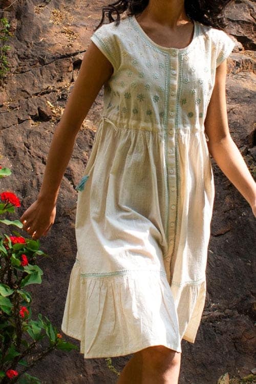 Avani Chikankari Off white Pure Cotton Sleeveless Dress view 3