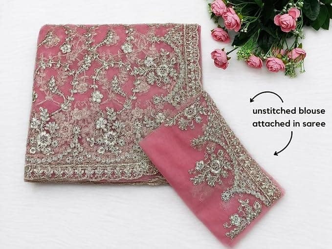 TRENDMALLS Women's Light Pink Net Embroidery Work Saree with Unstitch Net Blouse Piece For Women (Pink) view 2