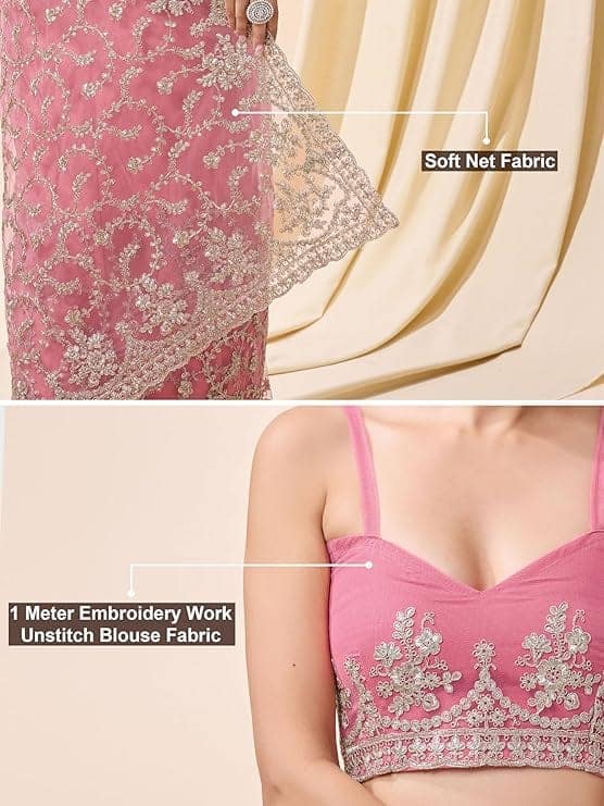 TRENDMALLS Women's Light Pink Net Embroidery Work Saree with Unstitch Net Blouse Piece For Women (Pink) view 6