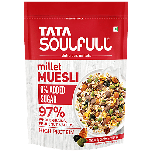 Tata Soulfull Millet Muesli - 0% Added Sugar, 90% Whole Grains, Fruits & Nuts, Source Of Protein, 500 g Pouch