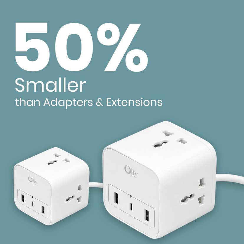 OlivLife 6-in-1 Desktop Power Strip Extension Board with USB-C PD Fast Charging, Multi 3 Plug Sockets & 3 USB Ports | Compact Cube Design for Home, Office & Travel Use - White view 2