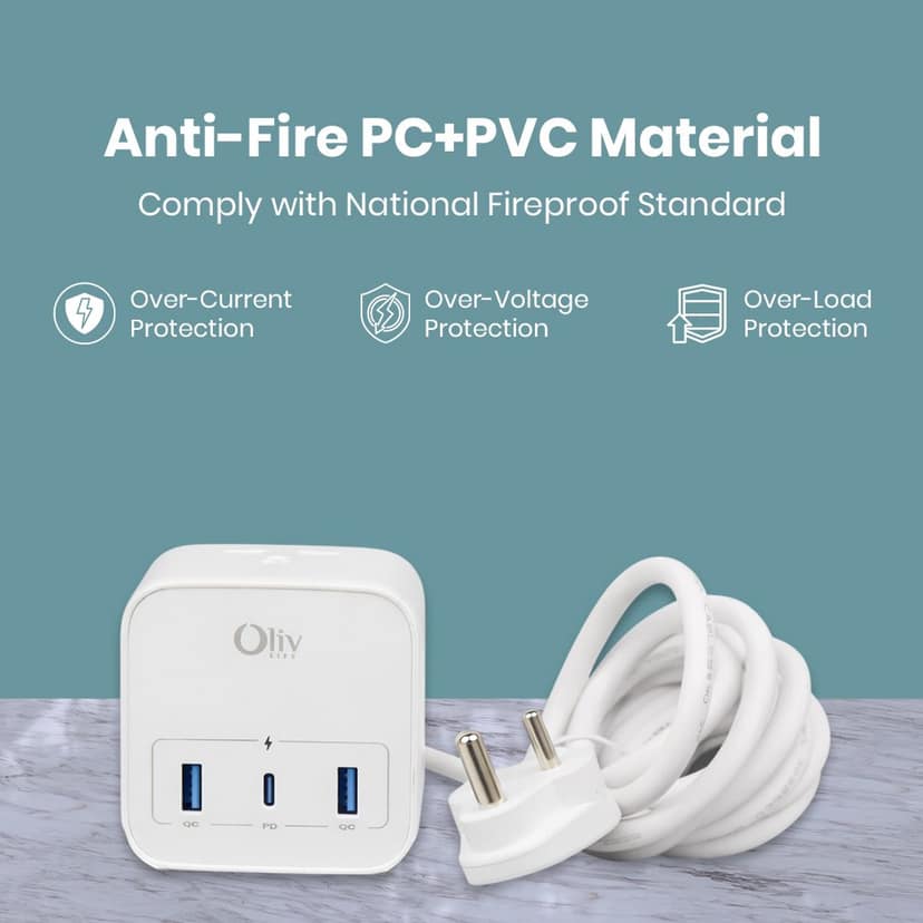 OlivLife 6-in-1 Desktop Power Strip Extension Board with USB-C PD Fast Charging, Multi 3 Plug Sockets & 3 USB Ports | Compact Cube Design for Home, Office & Travel Use - White view 3
