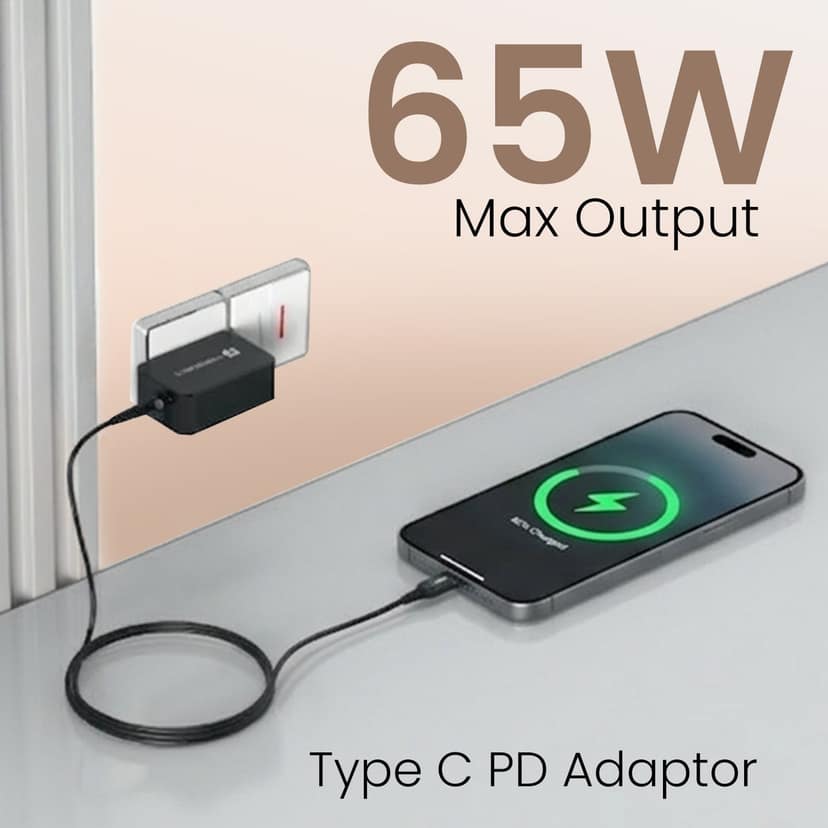 Portronics Zion 65 PD Fast Charging Laptop Adaptor with in Built Type C Cable, PPS Technology, 1.5m Cable Length, Compatible with Laptops, Smartphones, Tablets, MacBooks, iPads - Black view 2