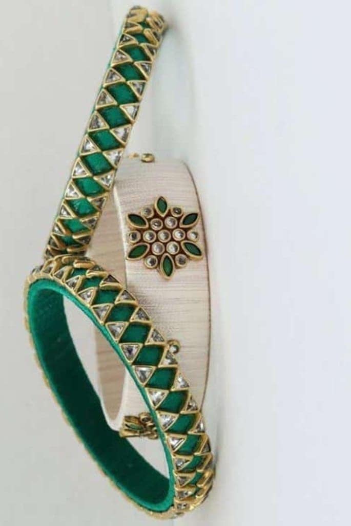Set of 2 Bangles with Kundan and Meenakari work in Green and White color view 2