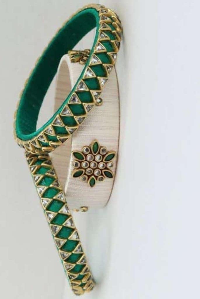 Set of 2 Bangles with Kundan and Meenakari work in Green and White color view 3
