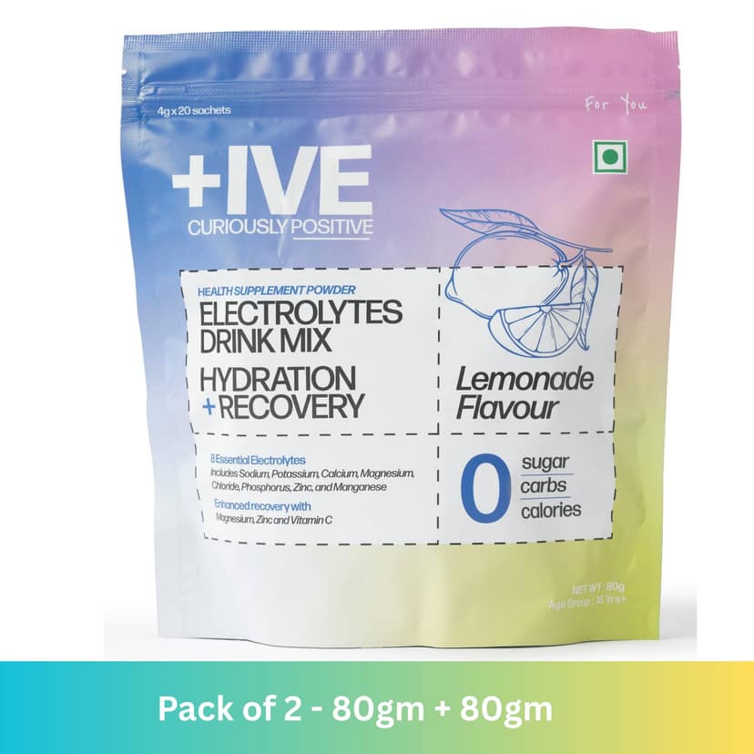 Curiously +IVE Electrolytes Drink Mix - Lemonade Flavour - Pack of 2 - 80gm + 80gm (4g x 40 Sachet)| Zero Sugar, Zero Carbs, Zero Calories, Hydration + Recovery Supplement