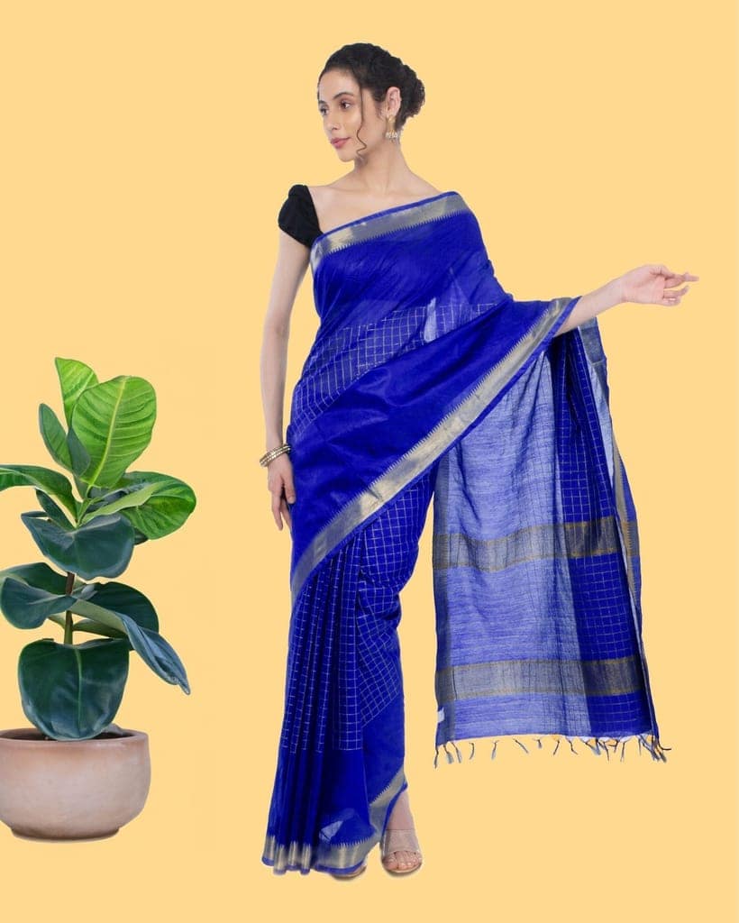 Kota Silk Saree Ocean Blue Color with Running Blouse Zari Border Handcrafted-1580 view 2