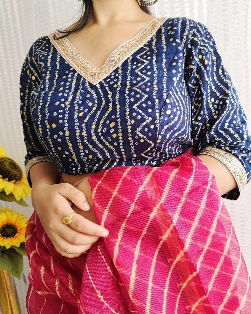 Crepe Silk Stitched Blouse Dark Blue Color Bandhej Design-7338 view 2
