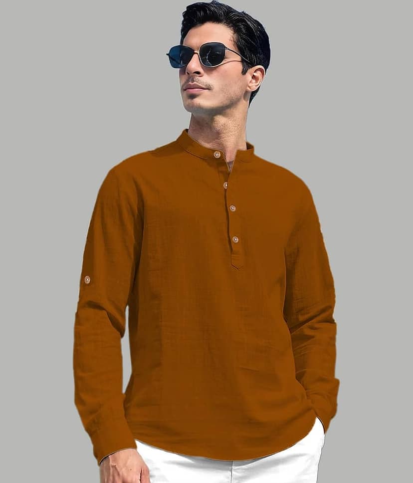 UNI VIBE Cotton Blend Plain Shirt Style Kurta For Men ( Gold ) view 2