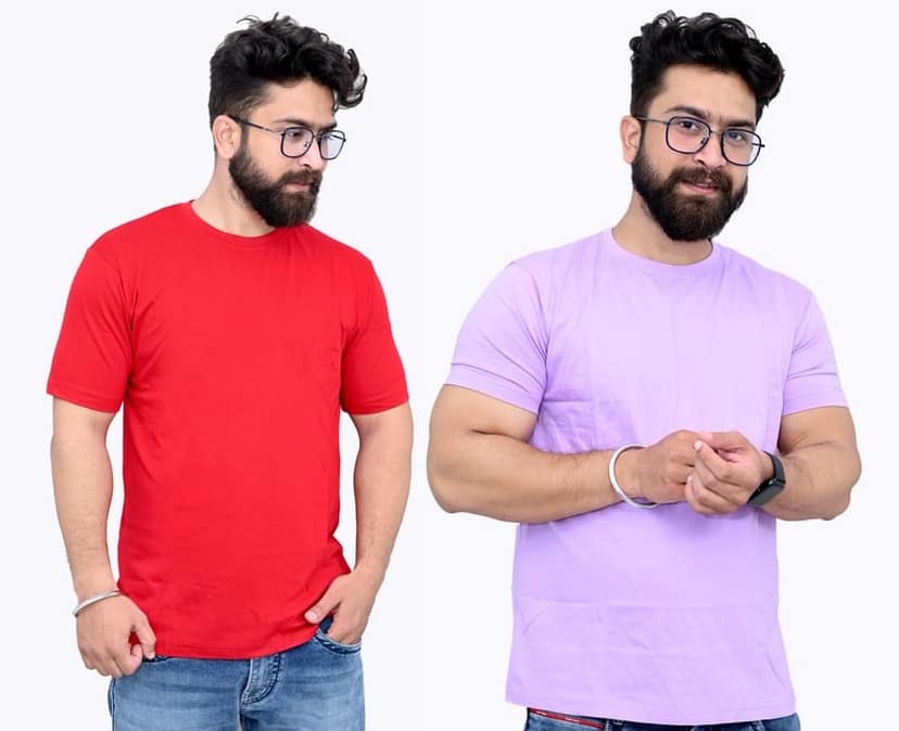 Tru Threads Solid Premium T-Shirt 2 Pcs Combo - Red, Lavender (Size - M)