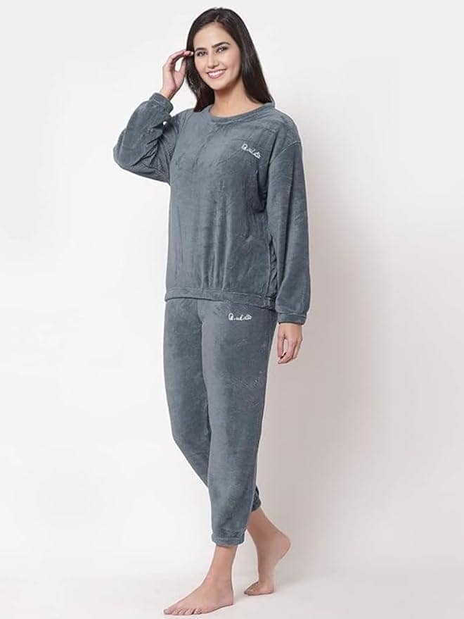 Ukal Women Winter Nightsuit Ladies Fur Nightwear Warm Night Suit for Girls Night Dress Pyjama Set Women's Full Sleeve Top and Pajama Pants Regular Fit Round Neck Pyjama Set view 2