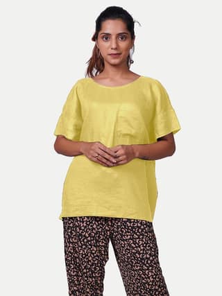 Women solid casual Yellow Linen Tops