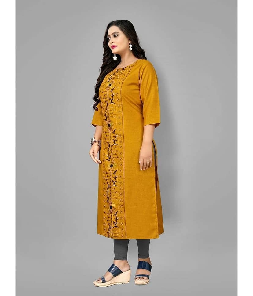RIAANA - Mustard Cotton Blend Women's Straight Kurti ( Pack of 1 ) view 2