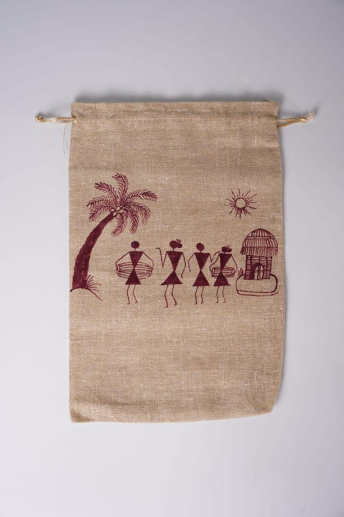 Jute Drawstring Bag Featuring a Warli Art Print view 2