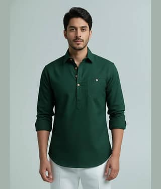 Yugnik Cotton Blend Plain Shirt Style Kurta For Men ( White )
