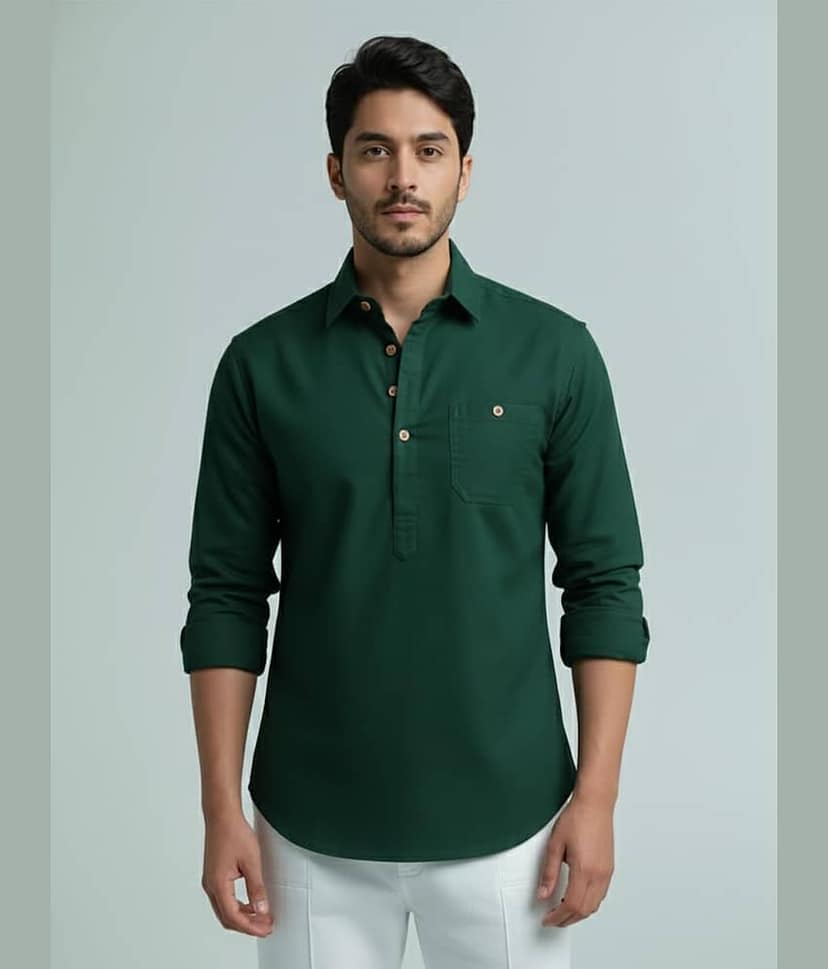 Yugnik Cotton Blend Plain Shirt Style Kurta For Men ( White )