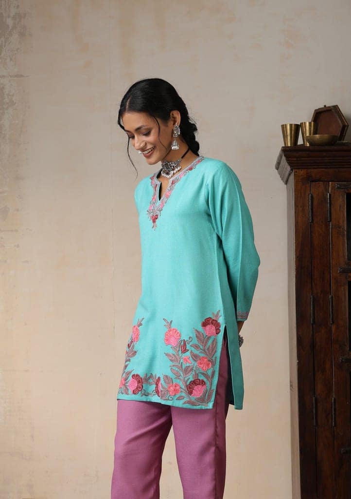 HOC Crafts Aari Embroidered Woollen Solid Women's Short Kurta - Turquoise Blue view 4