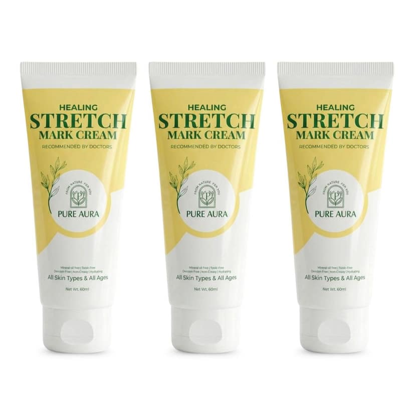Pure Aura Healing Stretch Mark Cream | Visible Reduction in Stretch Marks in 10 Days | Hydrating Ayurvedic Blend Coconut, Almond & Centella | 60 ml