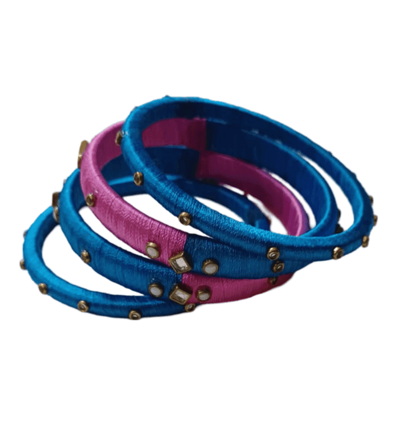 Blue and Pink Silk Thread Bangle 4 Set view 3