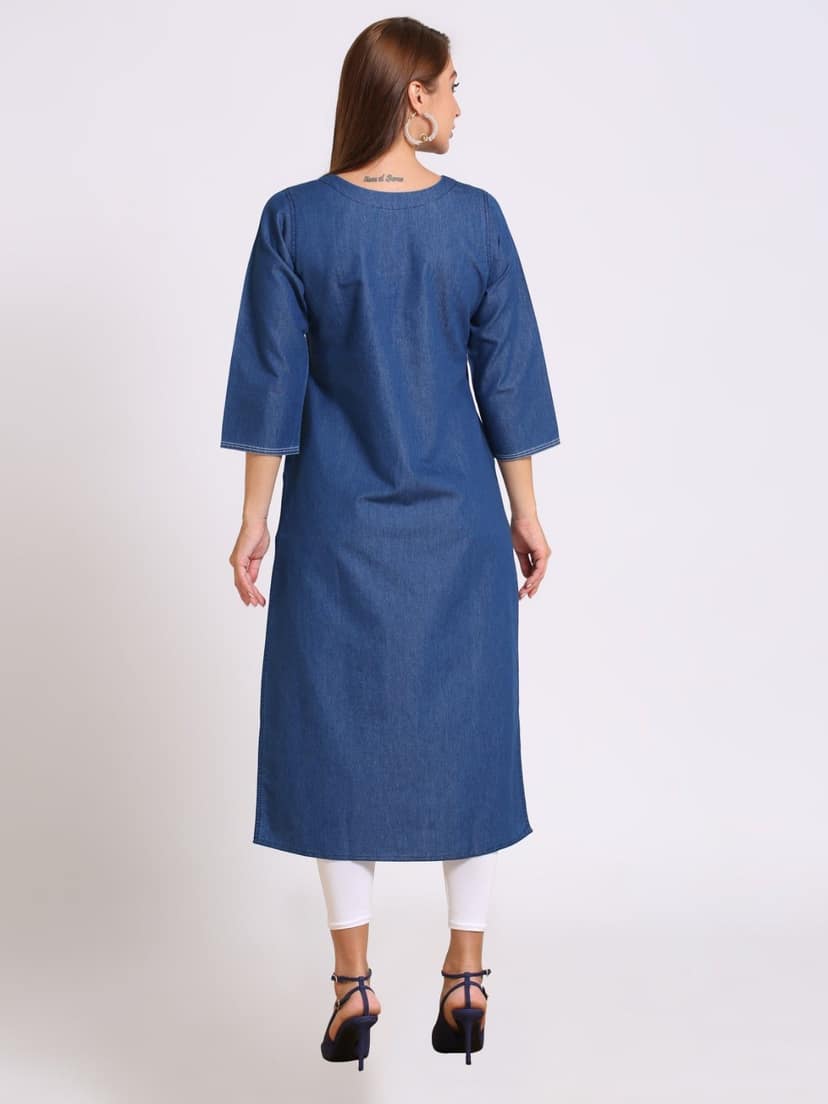 Denim Embroidered Kurta, Blue - 2XL (Style -2459) view 2