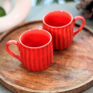 Red Textured Ceramic Coffee Mugs Pack of 2 Microwave Safe