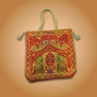 Banaras Brocades Elephants and Peacocks Design Handbag Red Colour