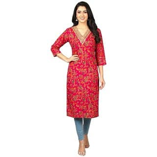 Bedkarn Discharge Print Women's Traditional Kurti, Gold Cotton Floral Print, V-Neck with Embellished Neckline, 3/4 Sleeve Indian Ethnic Dress view 2