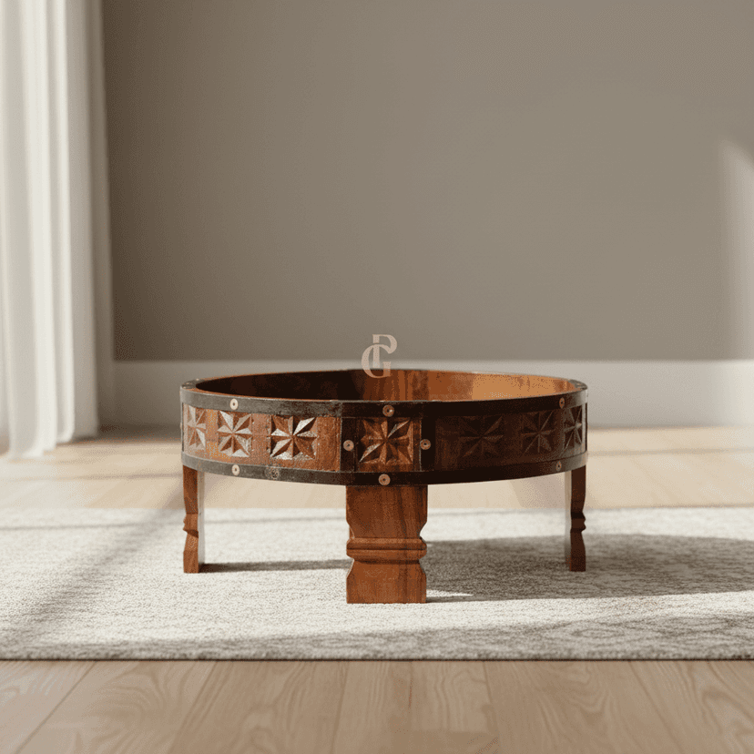 Antique Round Handmade Chakki Table | Wooden Coffee Table For Home Decor