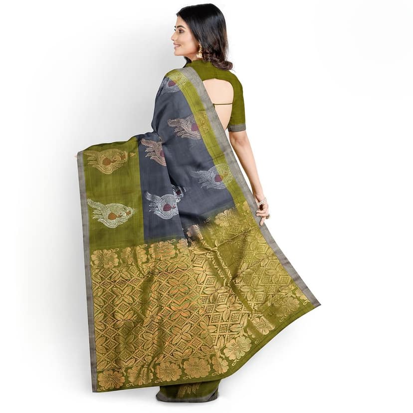 Grey Color Long Border Big Peacock Butta Kanjivaram Pure Silk Saree view 4