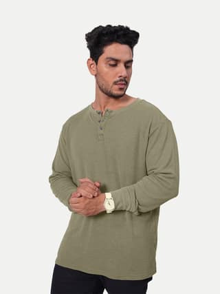 Men Olive Full Sleeve Henley Neck T-Shirt