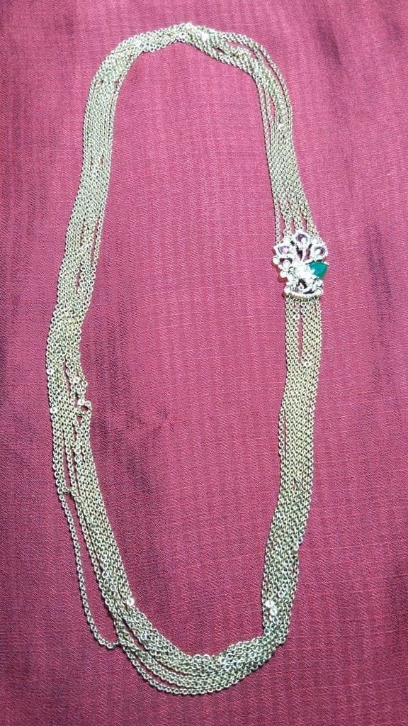 Gold Plated Traditional Indian Long Necklace Set with Green Stones for Women