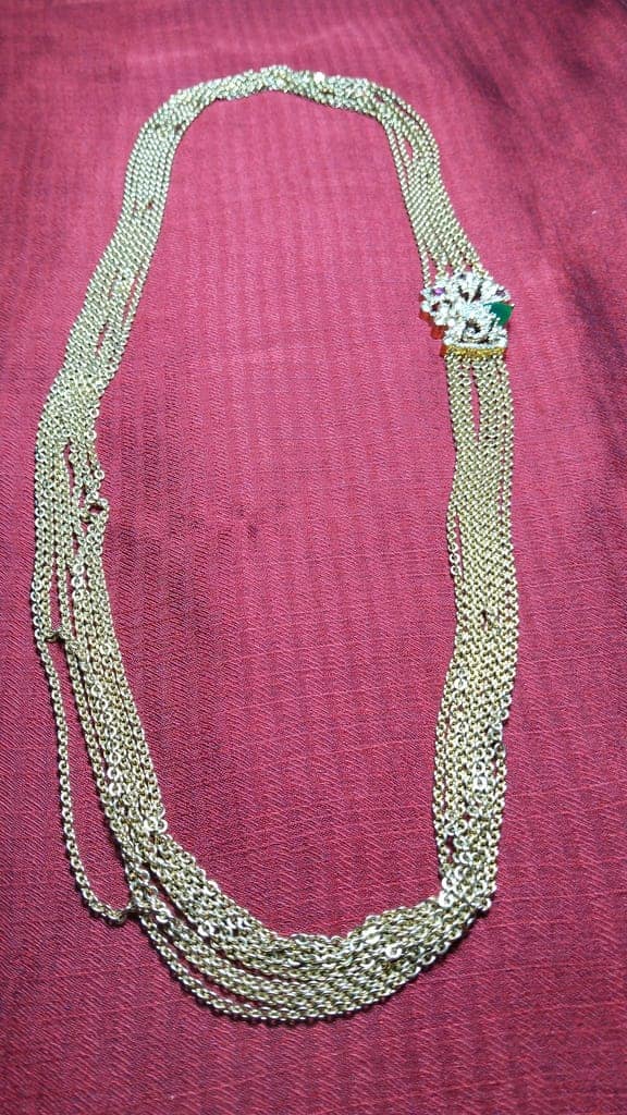 Gold Plated Traditional Indian Long Necklace Set with Green Stones for Women view 2